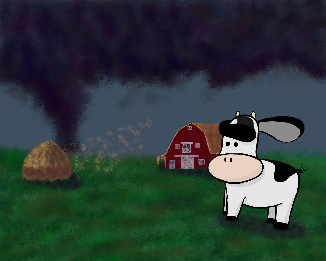 A cow, Moo, in a field with a barn, hay stack, and tornado in the distance.
