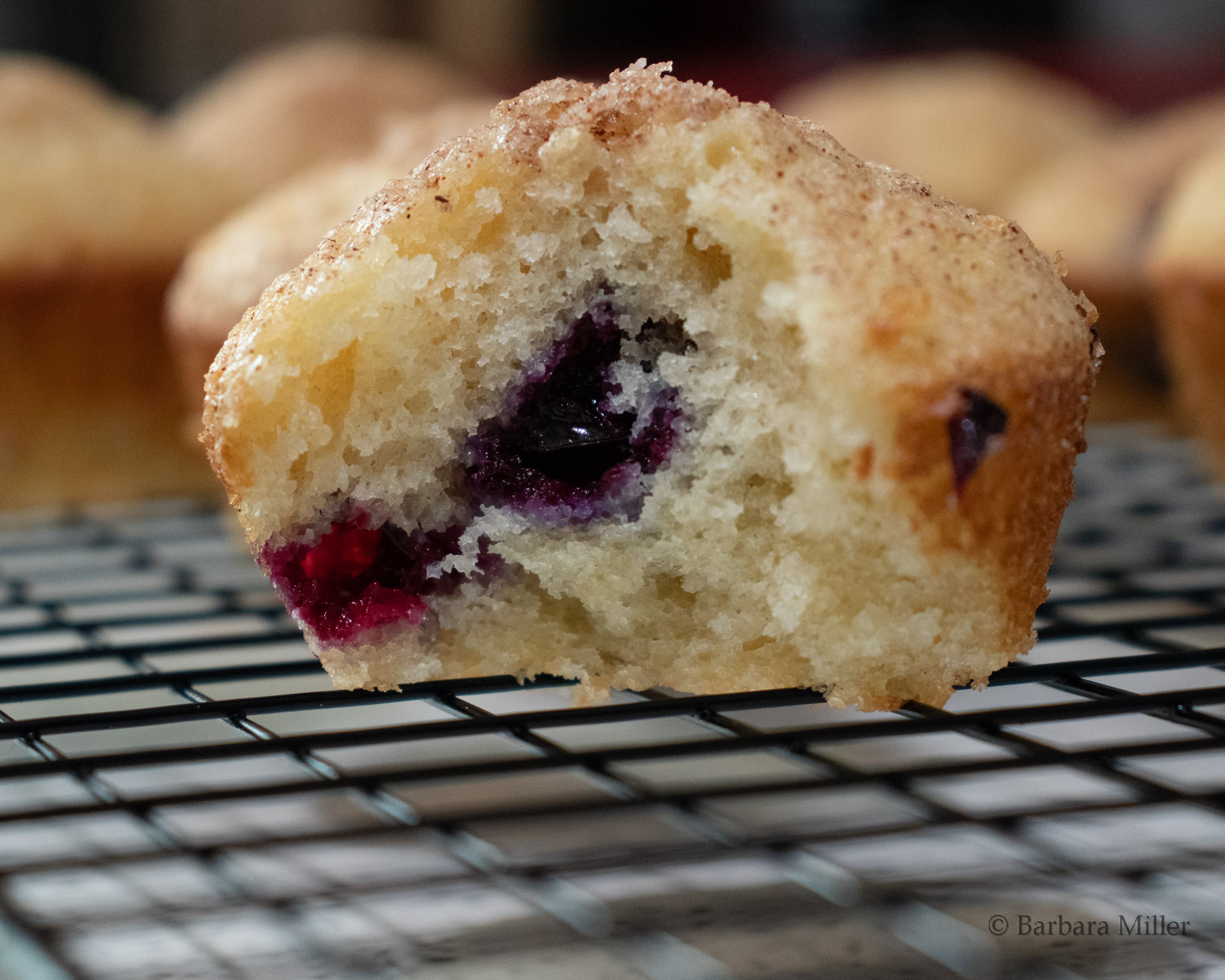 A blueberry muffin with a bite out of it on a cooling rack with more blueberry muffins in the background.